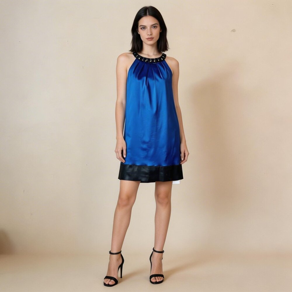 ADRIANNA PAPEL | Color Block Satin Jeweled Neck Sleeveless Shift Dress Sz 10P